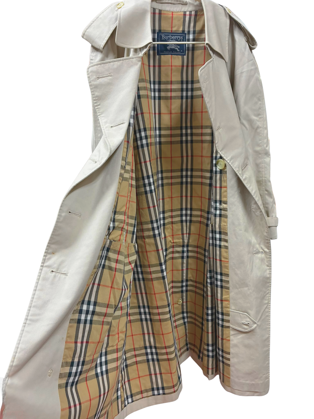 Burberrys Vintage DoubleBreasted Trench Coat Beige Signature Check Lining Size 44Short