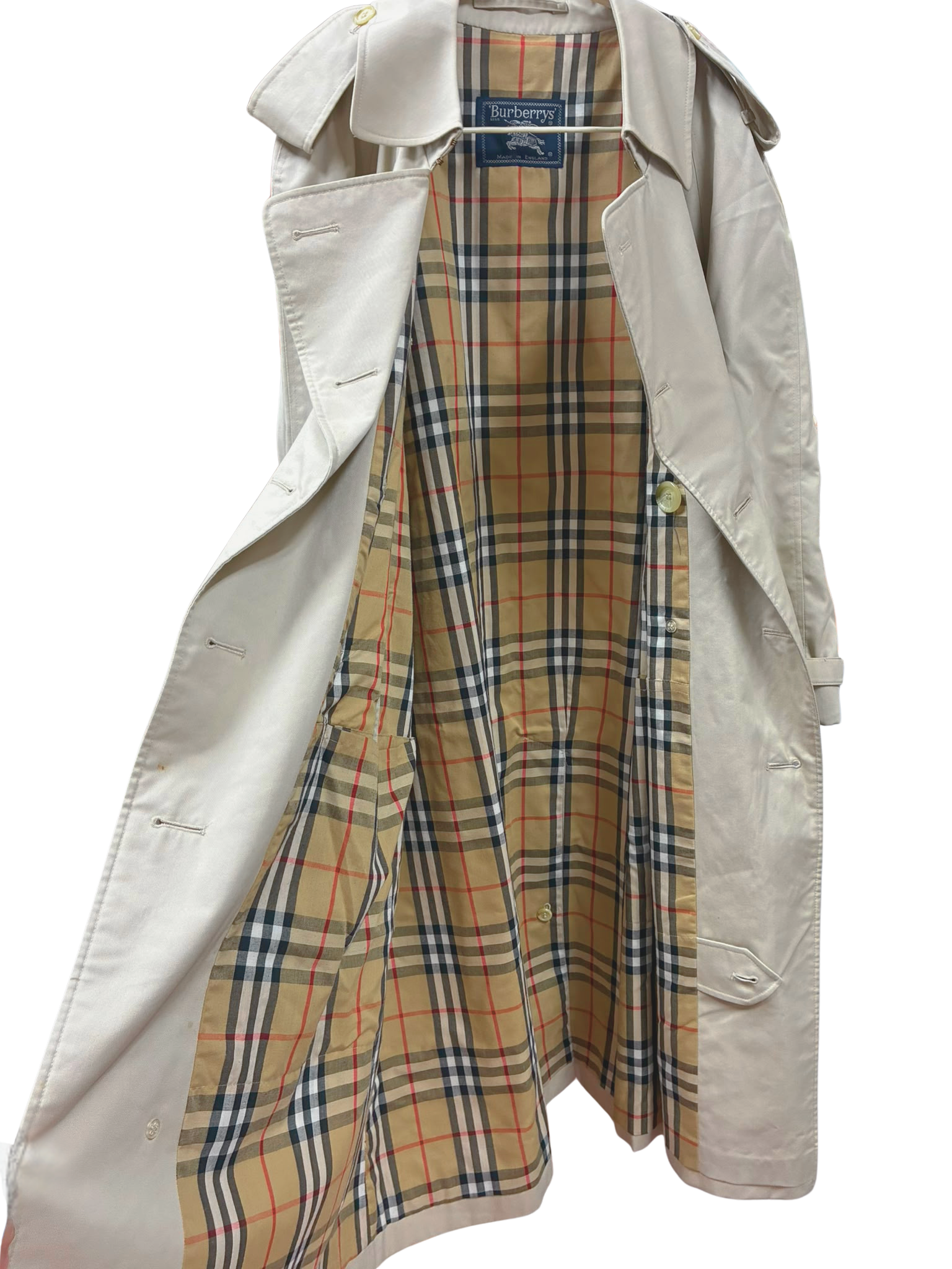 Burberrys Vintage DoubleBreasted Trench Coat Beige Signature Check Lining Size 44Short