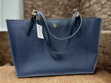 Tory Burch Tote Purse Shoulder Bag Buckle Saffiano Leather Navy