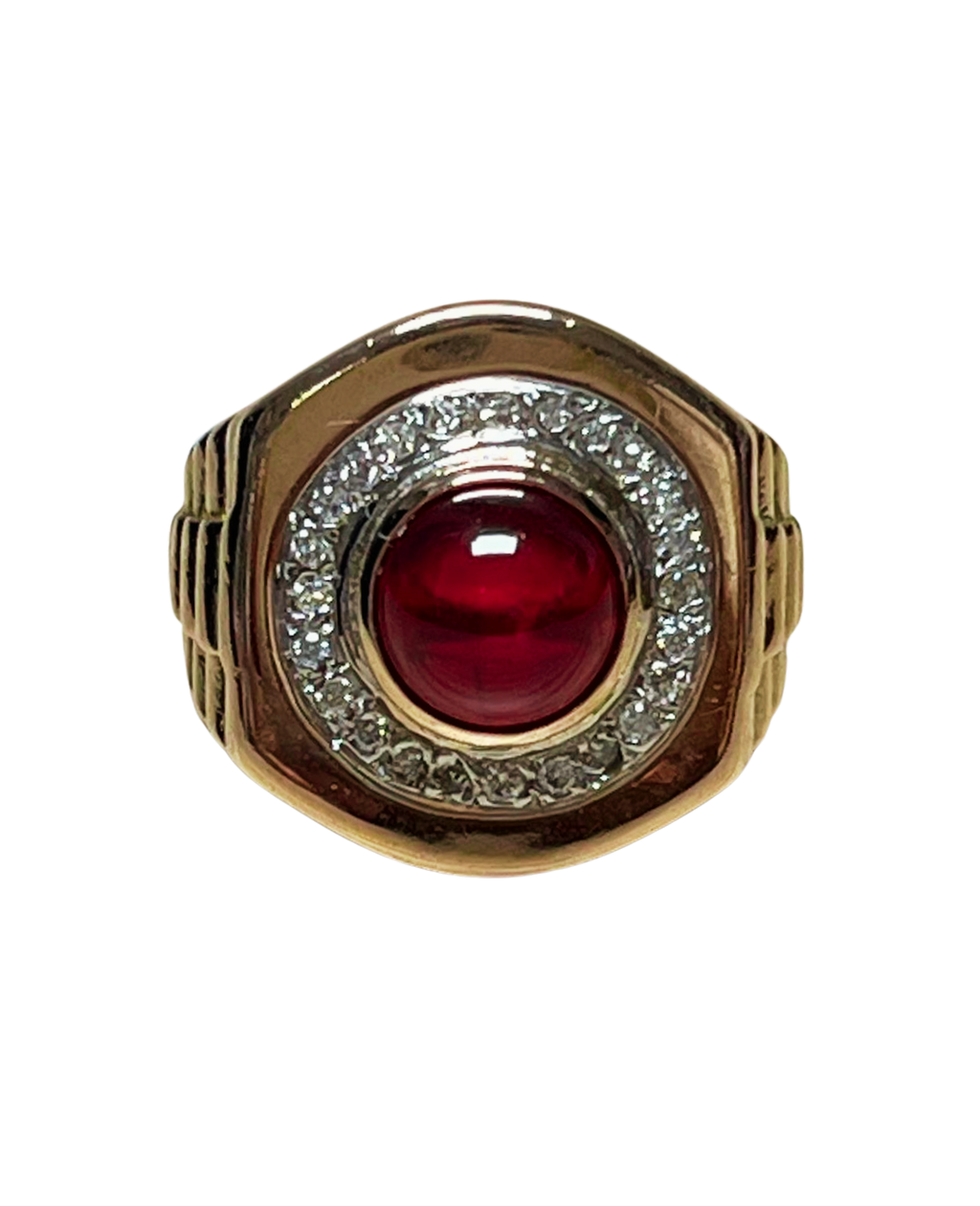 750YG Red Stone And Diamond Mens Signet Style Ring 8.9GM