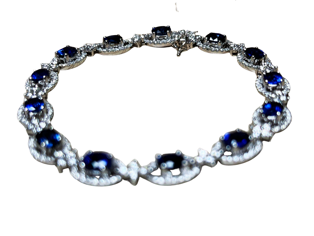 18K White Gold Blue Sapphire Diamond Bracelet 13.0GM