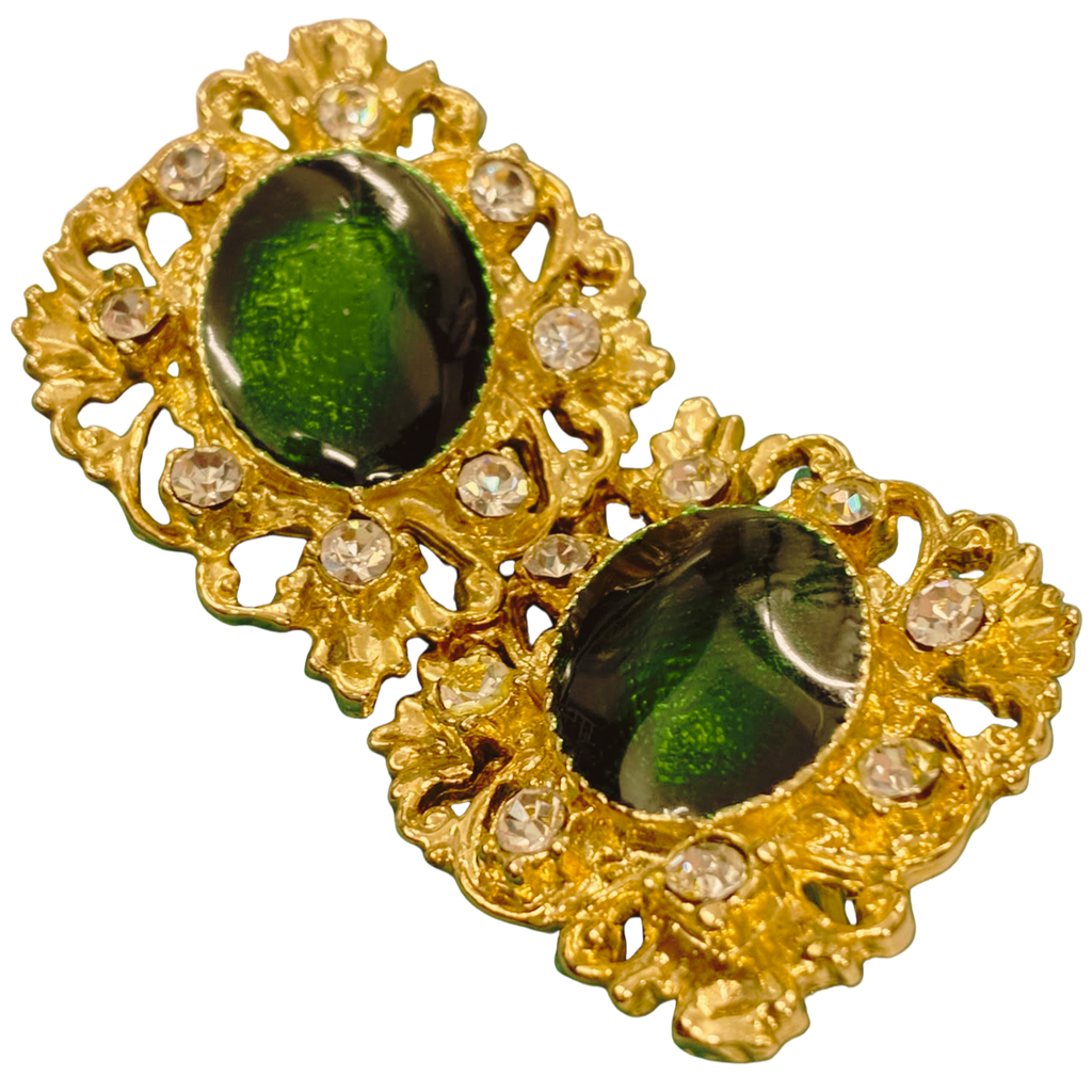 Gold Tone Metal Green Oval Crystal ClipOn Earrings
