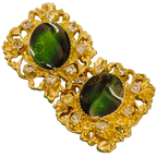 Gold Tone Metal Green Oval Crystal ClipOn Earrings