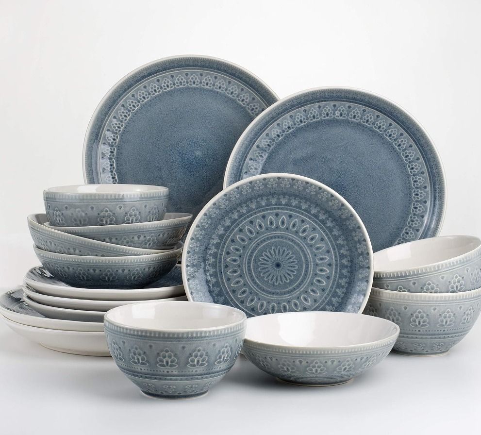 Euro Ceramica Fez 16 Piece Double Bowl Stoneware Mandala Pattern Design Dinnerware Set, Service for 4, Grey Size:Set of 16 Main image