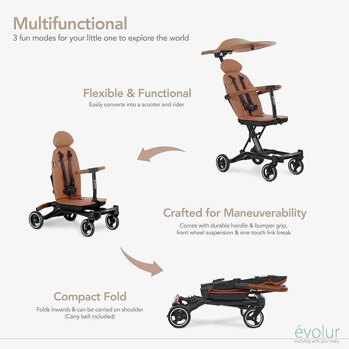 Evolur Cruise Rider Stroller with Canopy, Lightweight Umbrella Stroller with Compact Fold, Easy to Carry Travel Stroller - Cognac Secondary image