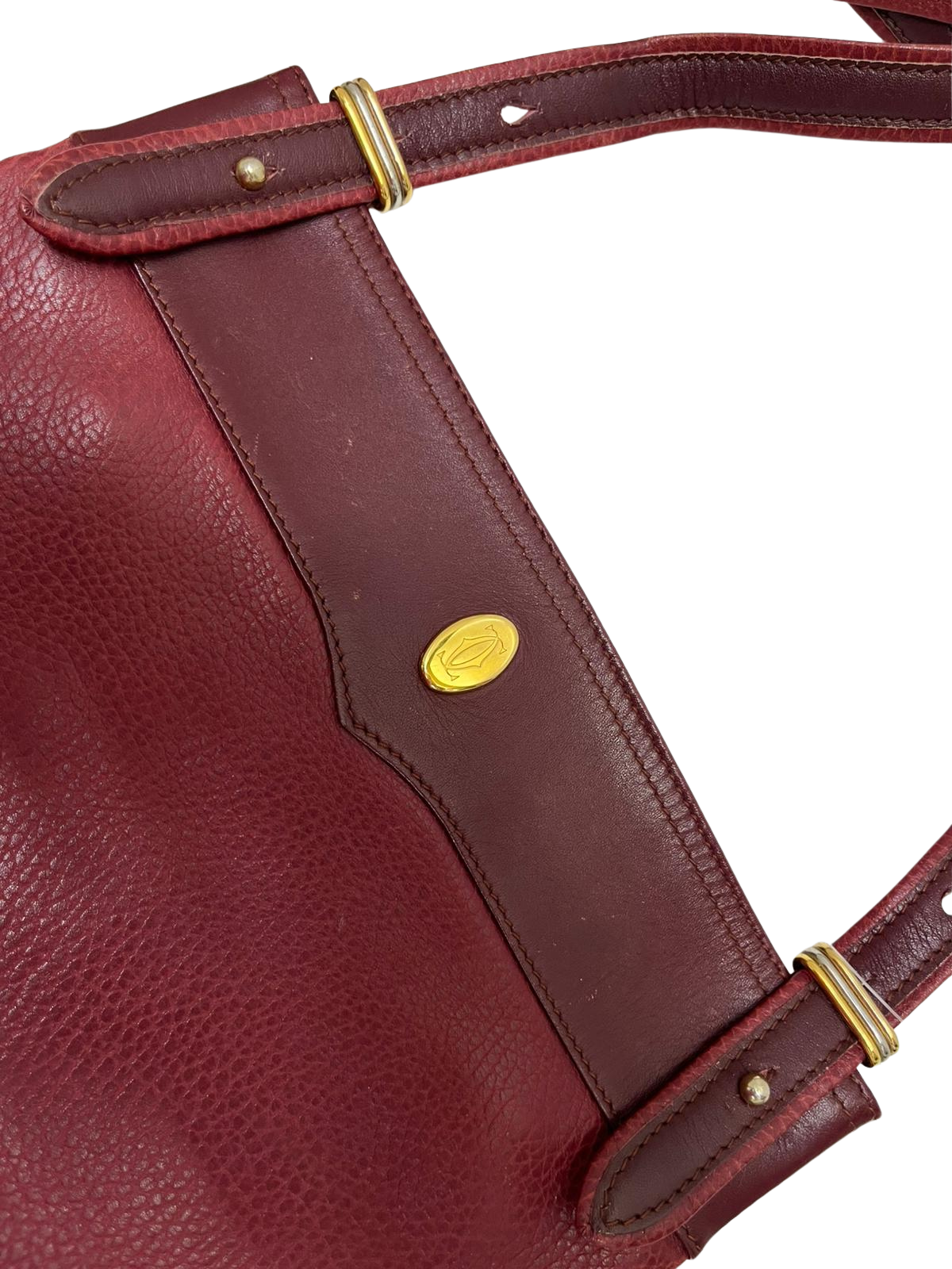 CARTIER Must Line Shoulder Bag Leather Bordeaux Gold Auth BA3142 Golden Dark red
