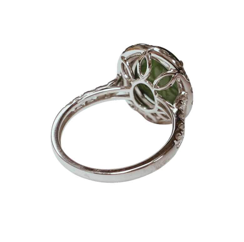 18K White Gold Jade And Diamond Halo Ring 4.61G Size 12