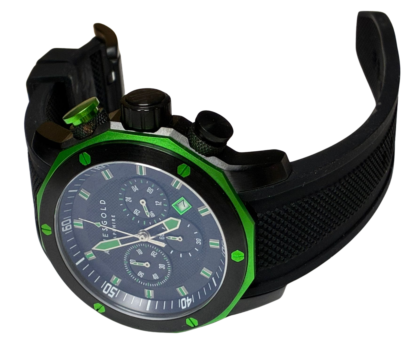 Aries Gold Chronograph Venturer Green Stainless Steel G7012ZBKGN Black Silicone Strap Mens Watch