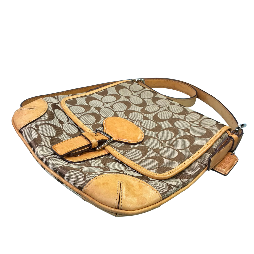 Coach Signature Tan And Brown Canvas Flap Crossbody Bag