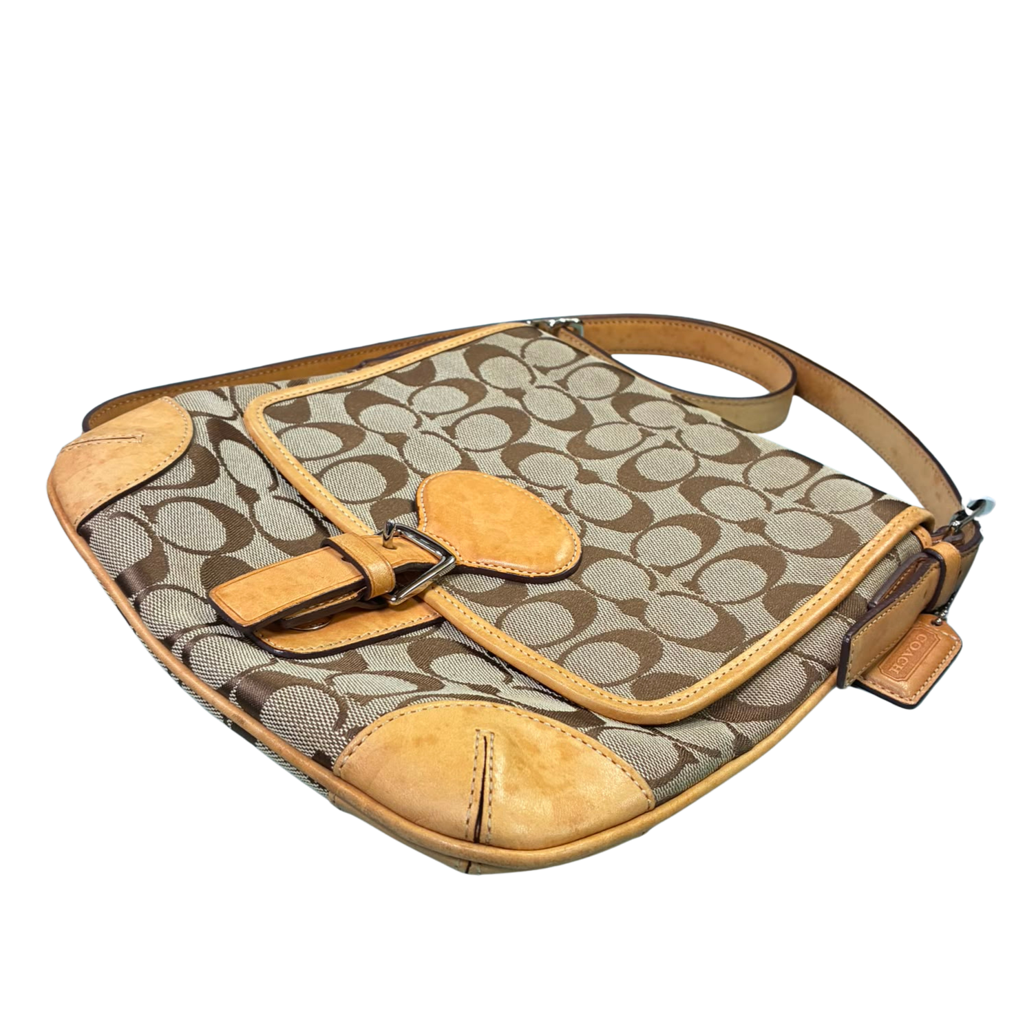 Coach Signature Tan And Brown Canvas Flap Crossbody Bag