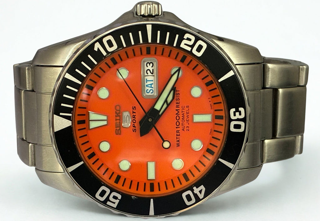 Seiko 5 Sports Sea Urchin SNZF19 Automatic Watch Orange Dial Black Bezel