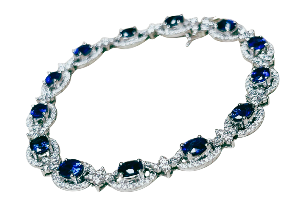 18K White Gold Blue Sapphire Diamond Bracelet 13.0GM