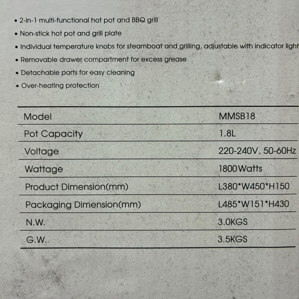 Mayer MMSB18  2in1 Multi Functional Electric Steamboat And BBQ Grill