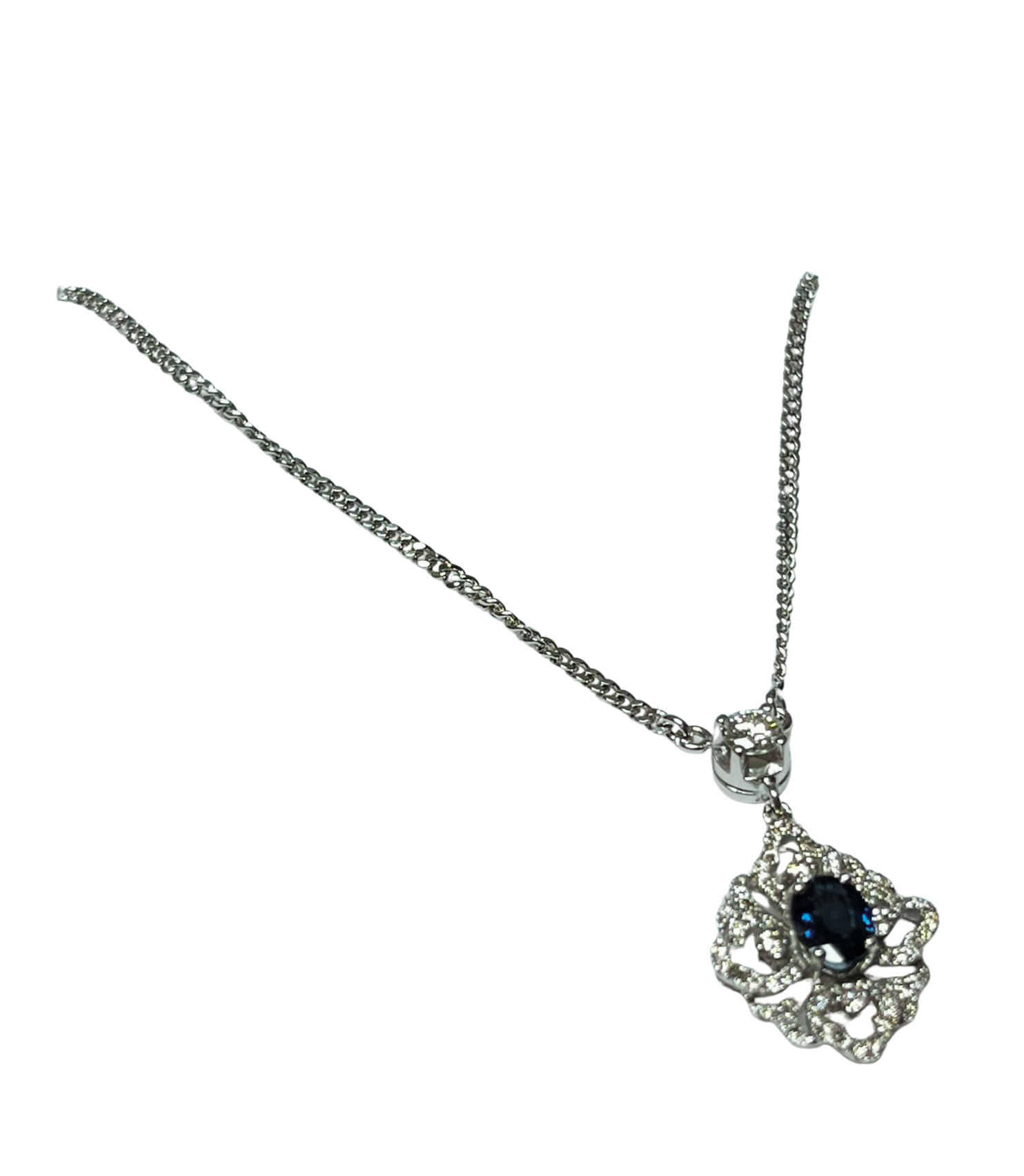 750WG Necklace With Blue Sapphire And Diamond Pendant 6.6GM