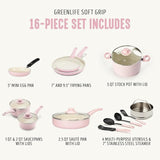 GreenLife Soft Grip Healthy Ceramic Nonstick 16 Piece Kitchen Cookware Pots and Frying Sauce Saute Pans Set, PFAS-Free with Kitchen Utensils and Lid, Dishwasher Safe, Soft Pink