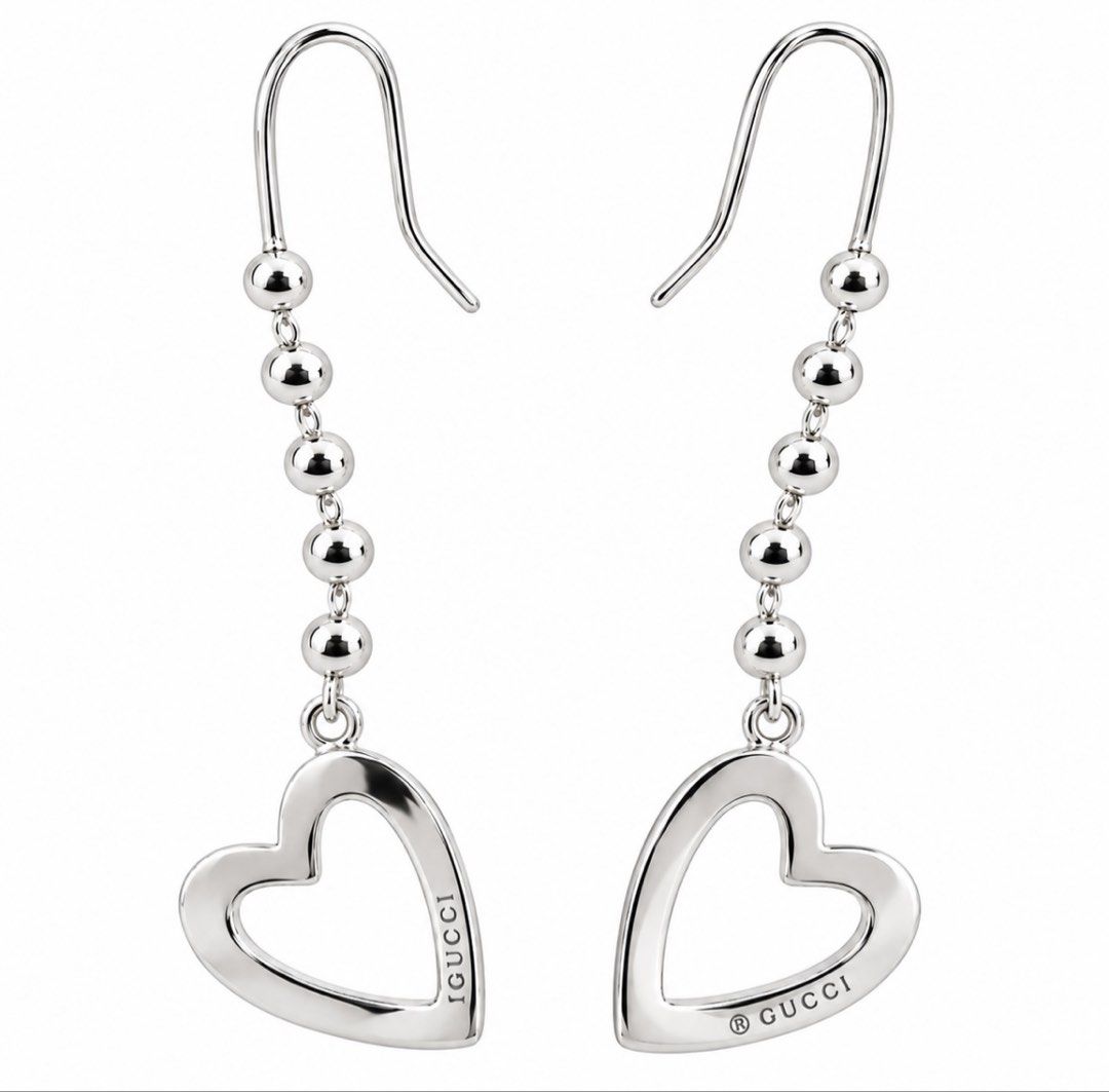 Gucci 925 Sterling Silver Heart Drop Dangle Earrings/7.1g with Box & Pouch