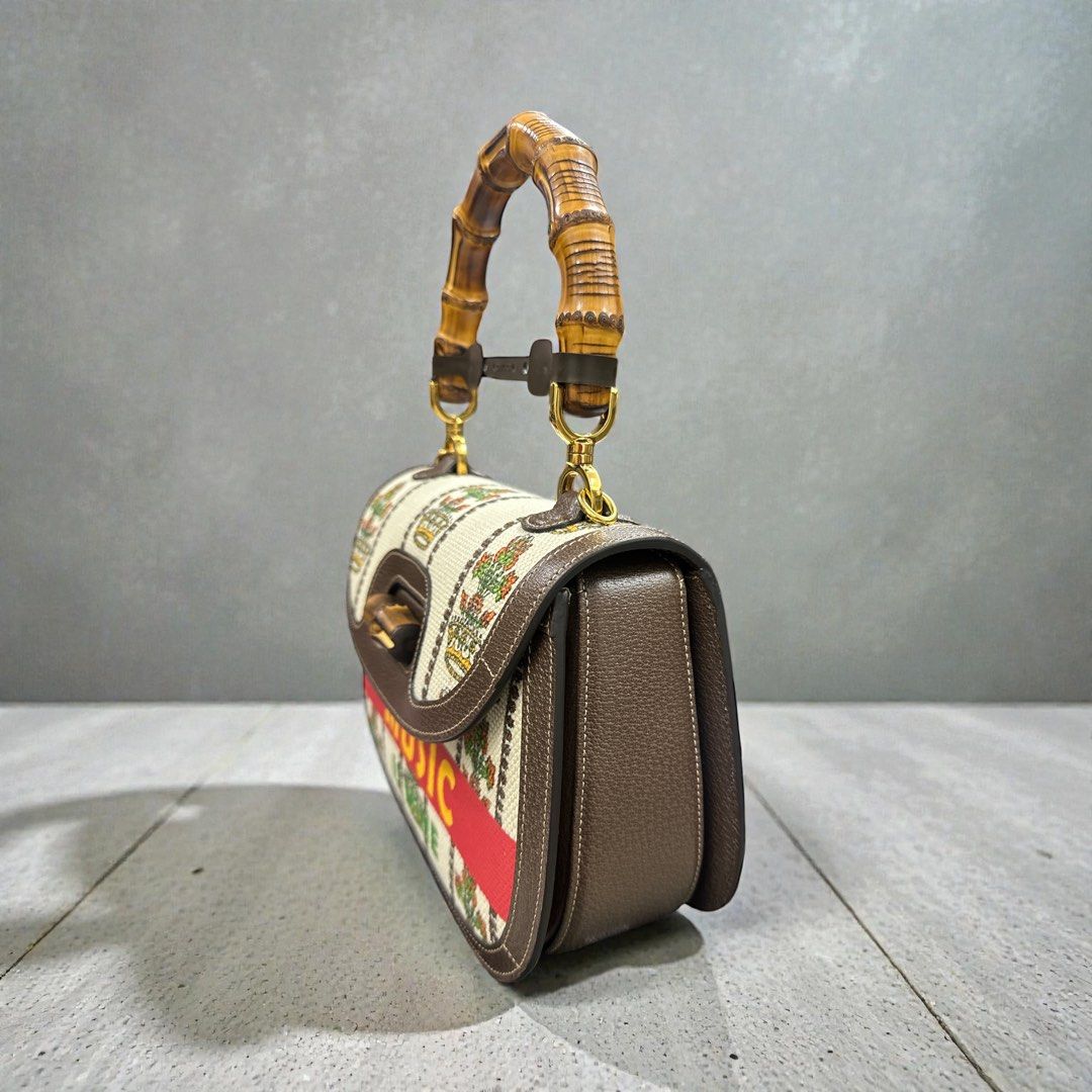 GUCCI 2016-2025 100TH Anniversary Medium Canvas and Leather1947 Bamboo Top Handle Bag Satchel w/ box/2 strap/dustbag and cards