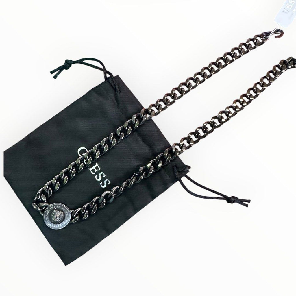Guess Gunmetal-Tone Curb Chain   Necklace with Logo Pendant