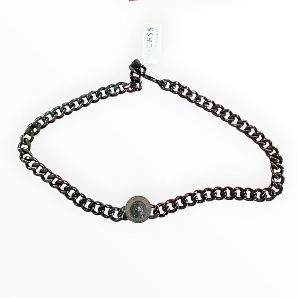 Guess Gunmetal-Tone Curb Chain   Necklace with Logo Pendant