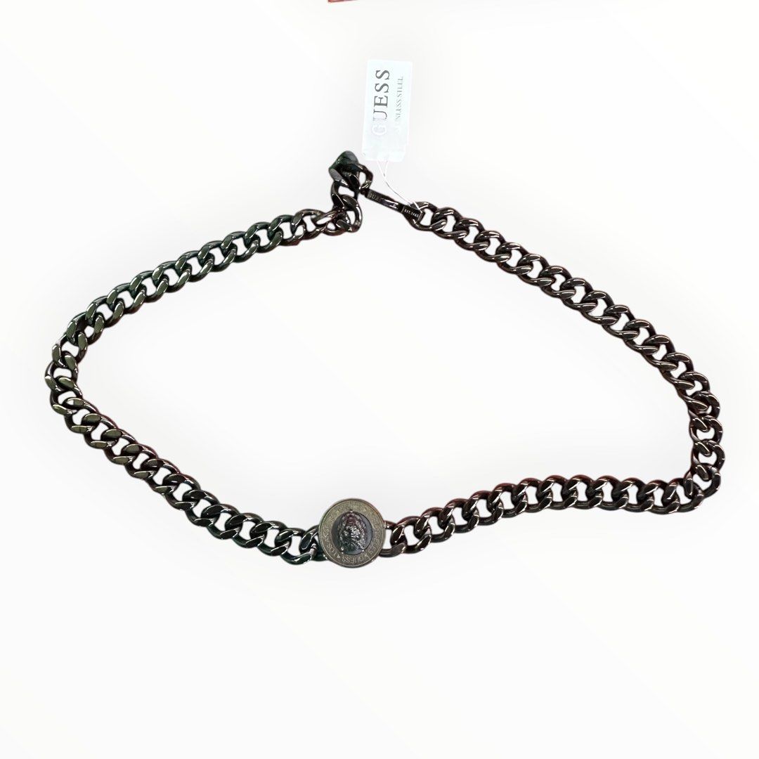 Guess Gunmetal-Tone Curb Chain   Necklace with Logo Pendant