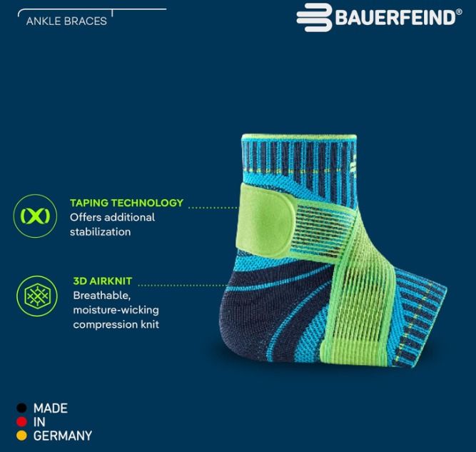 Bauerfeind Sports Ankle Support - Breathable Compression, Figure 8 Taping Strap, Air Knit Fabric, Secure Fit, Freedom of Movement (Rivera, X-Small/Left)
