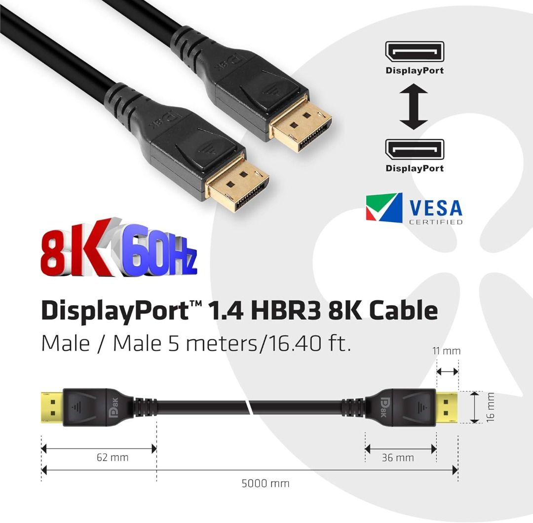 Club3D CAC-1061 DisplayPort to DisplayPort 1.4/HBR3 Cable DP 1.4 8K 60Hz 5 Meter/16,4 Feet Black VESA certified Secondary image