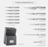 hecef Kitchen Knife Block Set, 14 Pieces Knife Set with Wooden Block & Sharpener Steel & All-purpose Scissors, High Carbon Stainless Steel Cutlery Set, Mothers Day Gift Housewarming Birthday(Grey)