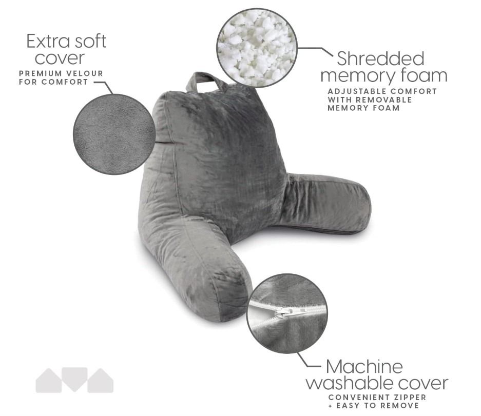 Milliard Reading Pillow with Shredded Memory Foam, Large Adult Backrest with Arms, Back Support for Sitting Up in Bed with Washable Cover (Sit up Pillow)