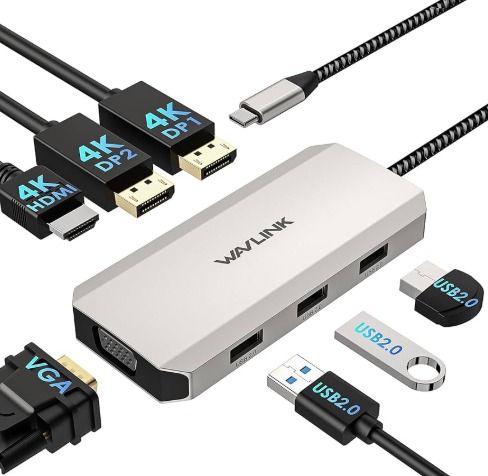 WAVLINK USB C Dock Quad Monitor, 7-In-1 Laptop Docking Station, Multiport Adapter with Dual 4K DP, 4K HDMI, 1080P VGA, 480Mbps USB2.0-A for MacBook, Dell XPS, Lenovo Thinkpad, and HP Laptops