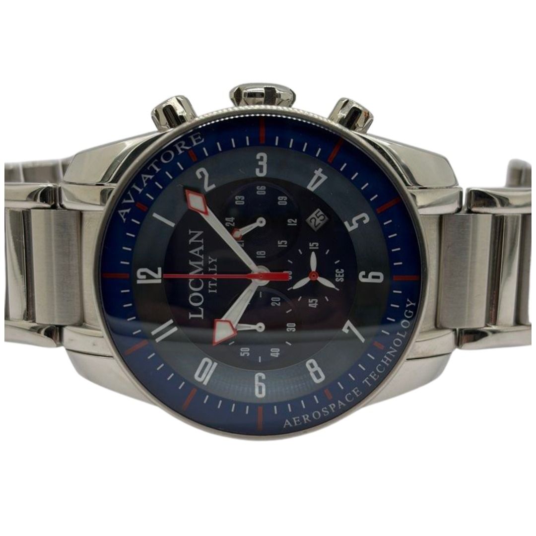 Locman Aviator 44mm Quartz Chronograph Blue Dial Steel Watch
