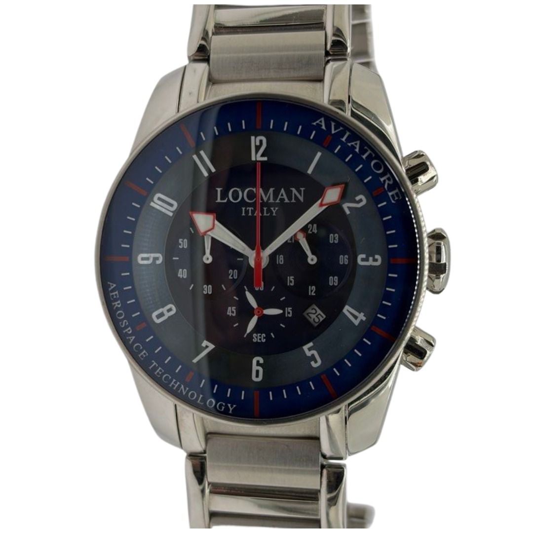 Locman Aviator 44mm Quartz Chronograph Blue Dial Steel Watch