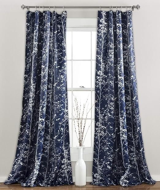 Lush Decor Forest 84 X 52 1 Curtains-Tree Branch Leaf Darkening Window Panel Drapes Set for Living, Dining, Bedroom (Pair), 84 in x 52 in, Navy