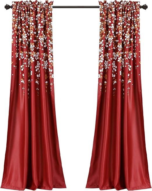 Lush Decor Weeping Flower Light Filtering Window Curtain Panels, Pair, 52"W x 84"L + 2" Header, Red - Charming Modern Floral Curtains for Living Room, Dining Room, & Bedroom