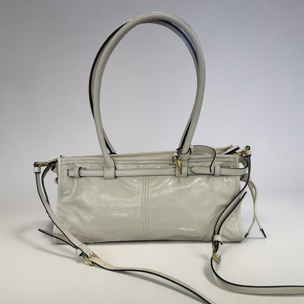Prada Glossy Calfskin Triangle Medium Bonnie Shoulder Bag White