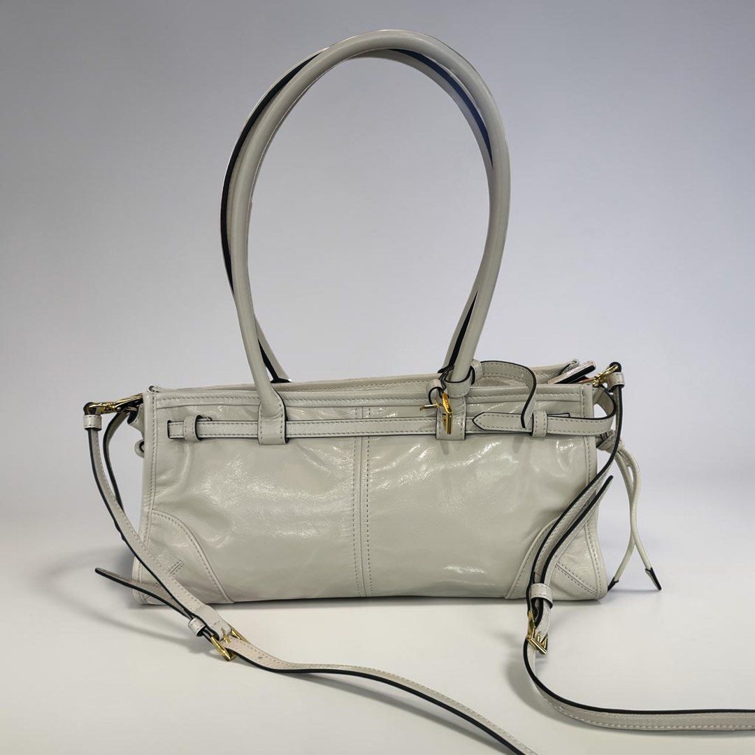 Prada Glossy Calfskin Triangle Medium Bonnie Shoulder Bag White