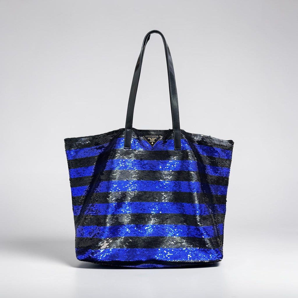 Prada Blue and Black Sequin Tote Bag