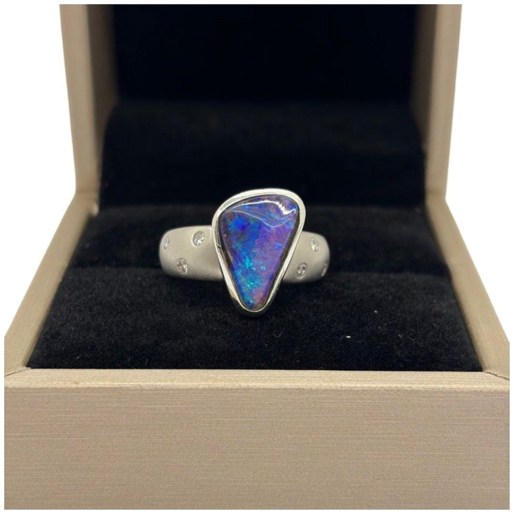 PT900 Natural Boulder Opal & Diamond Ring