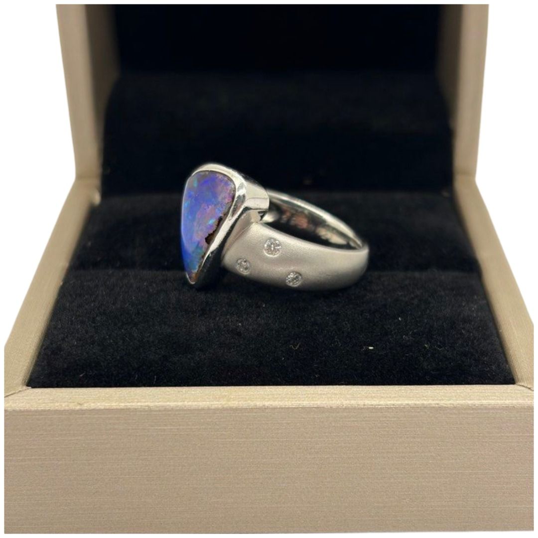 PT900 Natural Boulder Opal & Diamond Ring