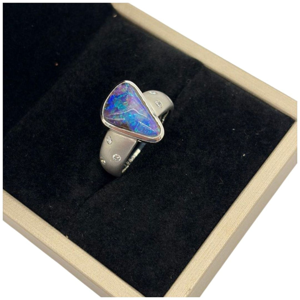 PT900 Natural Boulder Opal & Diamond Ring