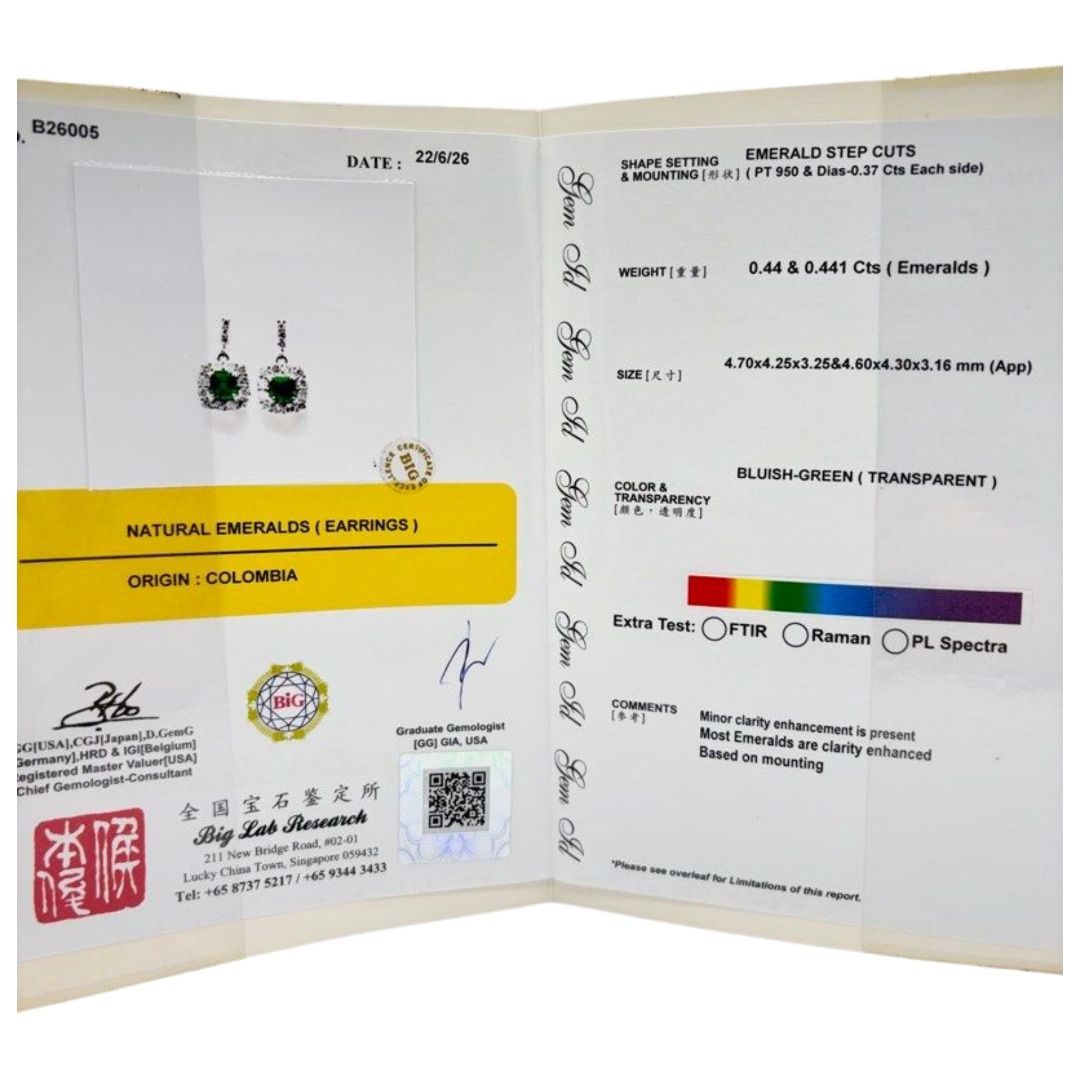 PT950 Natural Emerald (Colombia) & Diamond Earring