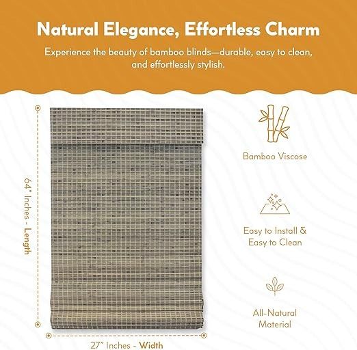 Radiance Cordless Bamboo Roman Shades for Windows - Flatstick Bamboo Blinds for Reduce Bright Light - Bamboo Roman Shades for Home & Offices - Driftwood - 27" W x 64" L - (2208850E)