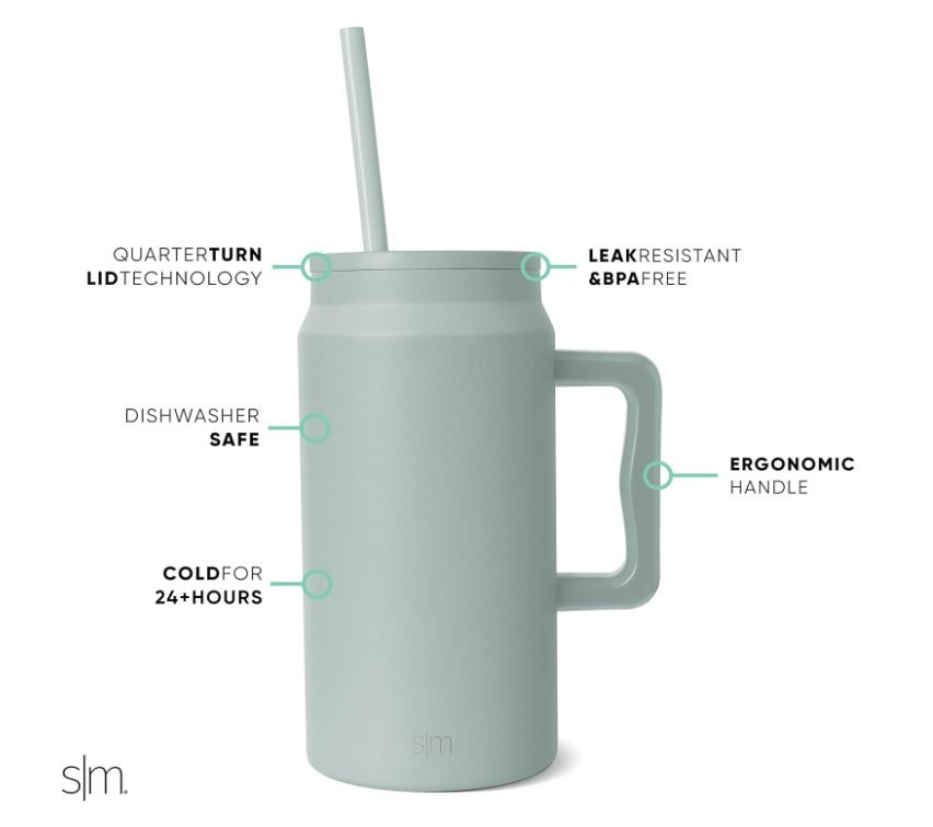 Simple Modern 50 oz Mug Tumbler with Handle and Straw Lid, Reusable Insulated Stainless Steel Large Travel Jug Water Bottle Gifts for Women Men Him Her Trek Collection, 50oz, Sea Glass Sage