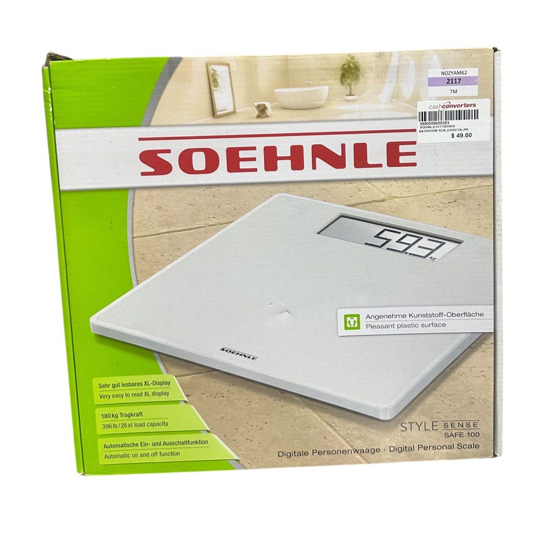 Soehnle Style Sense Safe 100 person digital scale with extra-large LCD display, scale with anti-slip feet, flat personal scale, white