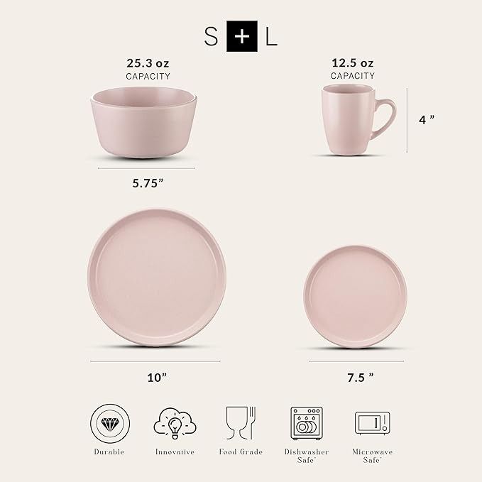 Stone Lain Albie Stoneware 32Piece Modern Dinnerware Set Kitchen Plates And Bowls Sets Dish Set for 8 Pink