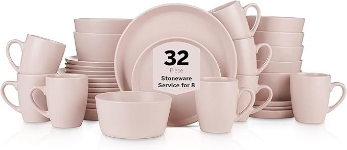 Stone Lain Albie Stoneware 32Piece Modern Dinnerware Set Kitchen Plates And Bowls Sets Dish Set for 8 Pink