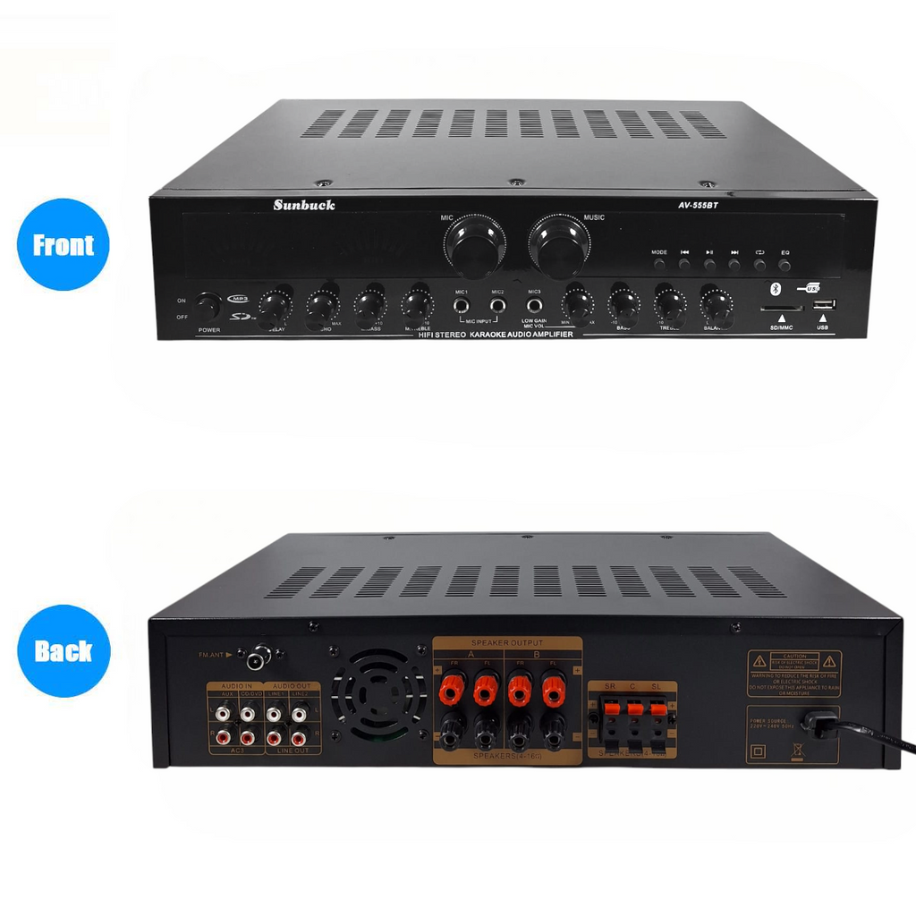 Sunbuck Audio Amplifier Bluetooth 5.0 Microphone HiFi USB MP3 Player - AV-555BT - Black