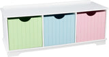 KidKraft Nantucket Wooden Storage Bench with Three Bins and Wainscoting Detail - Pastel, Gift for Ages 3+