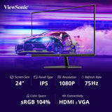 Viewsonic VA2432-H 24" 1080p IPS Monitor with Frameless Design, 75Hz Refresh rate, Flicker-Free & Blue Light Filter, for Home and Office Use