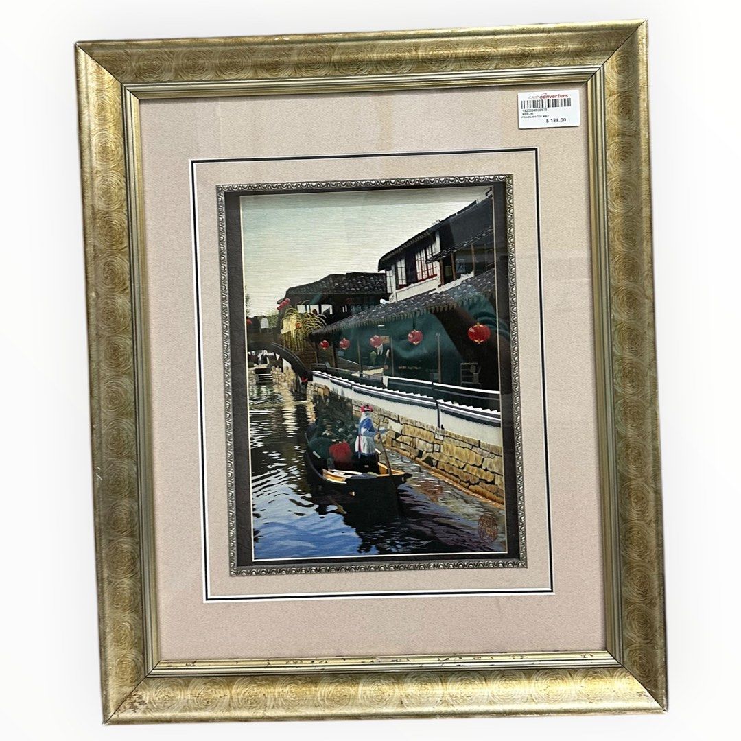 Traditional Chinese Water Village Scene Framed Artwork – Decorative Wall Art (H64cm x L52cm) Main image