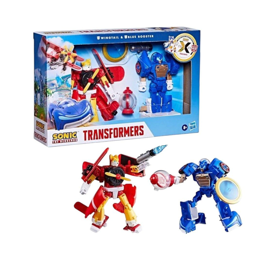 Transformers Collaborative Sonic the Hedgehog x Transformers Toys, Wingtail and Blue Booster Converting Action Figures, 8+